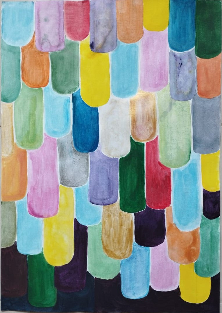 Colorful abstract art with various shapes and colors on a textured background