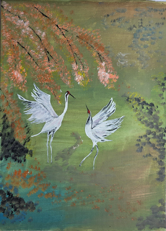 Two cranes in a natural setting with cherry blossoms on a textured green background
